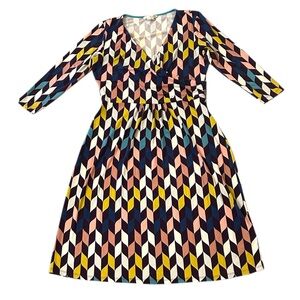 Boden 12L Faux Wrap Dress Yellow Blue White Midi Dress